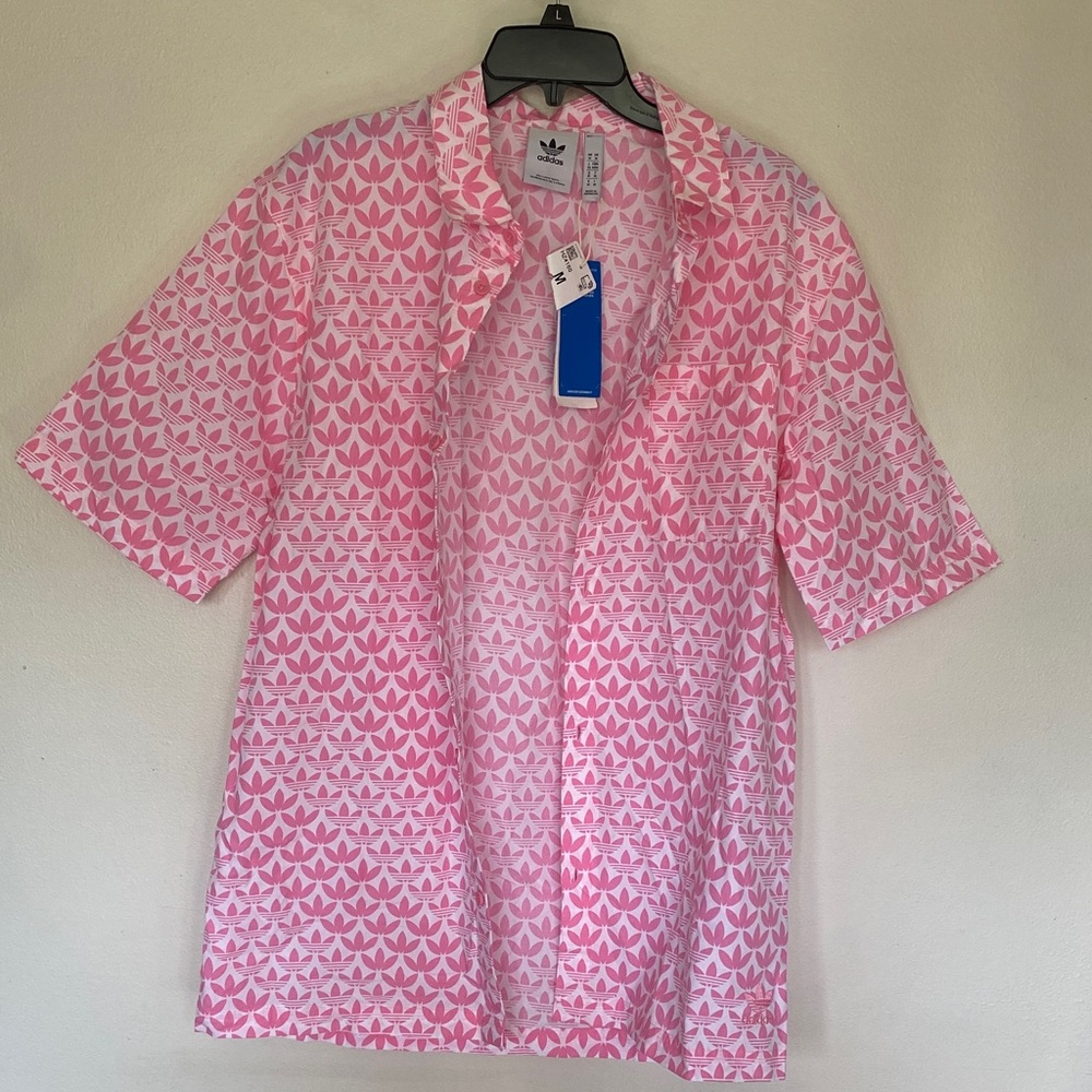 adidas Pink Trefoil Pattern Short Sleeve Button-Down Shirt